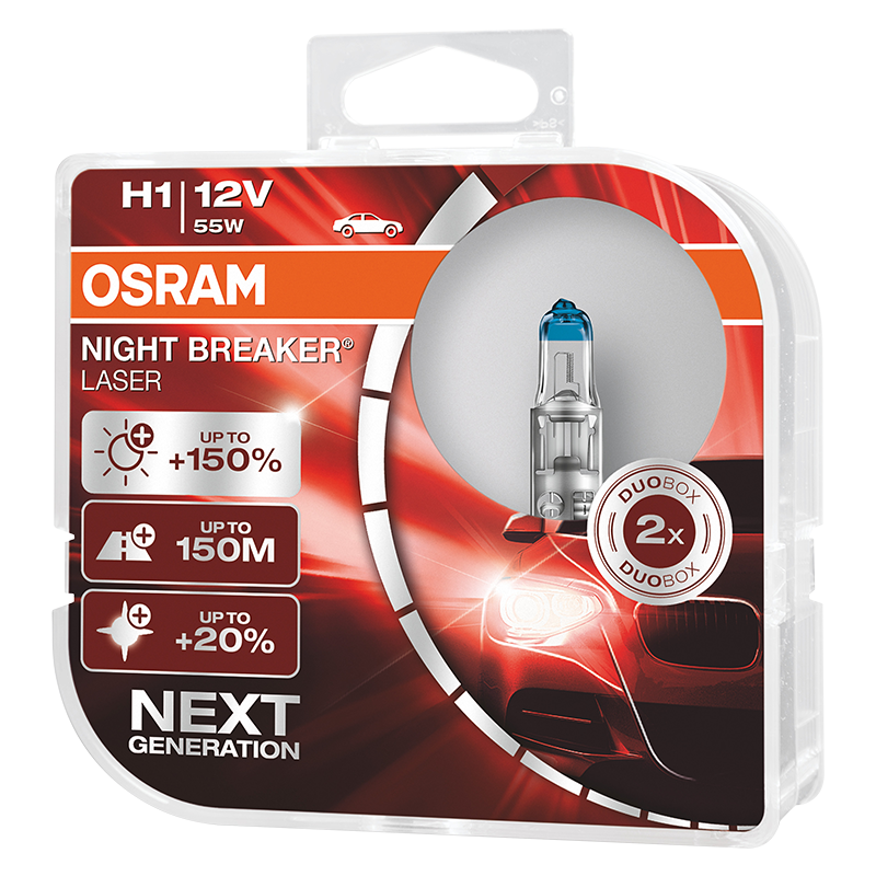欧司朗(OSRAM)新一代激光夜行者 H1 汽车灯泡大灯近光灯远光灯卤素灯 增亮150% 2支装 12V 55W