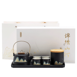 京东京造 手绘釉上彩提梁壶茶具套装家用干泡盘茶托茶叶罐 功夫茶具7件套 
