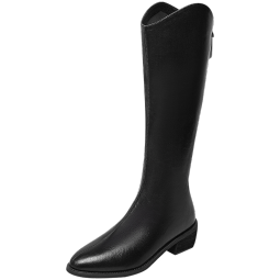 百思图冬季V口粗腿显瘦长筒靴加绒骑士靴-两款可选MD302DG1 黑色 37
