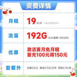 中国电信 流量卡5G馒头卡福兔卡手机卡电话卡 不限速上网卡低月租全国通用校园卡 福兔卡19元192G