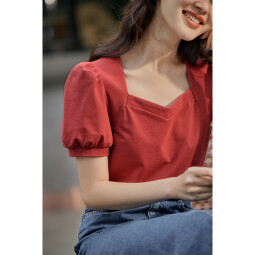茵曼夏季新款法式方领套头泡泡袖修身气质显瘦棉质T恤女 复古红 L