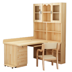 尚静 实木书桌书柜组合转角电脑桌家用一体学习桌写字台办公桌 W款原木色-玻璃门(右书架) 120*80*195cm