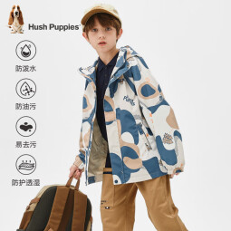 暇步士（Hush Puppies）童装儿童连帽薄款外套风衣2024春秋季新款拼色风衣舒适防风休闲 雾霾蓝 140cm