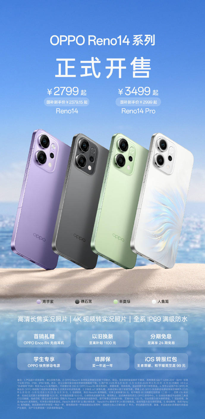 OPPO Reno14 系列今日正式开售：售价2799元起，国补更优惠！