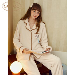 果壳（Gukoo）睡衣女冬季鲨鱼猫联名毛绒保暖简约翻领女士家居服套装可外穿D 牛乳白套装 S