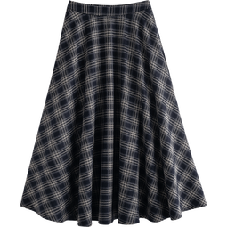 初语半身裙女2025秋季新款磨毛格纹复古怀旧宝蓝格松紧腰A字长裙 宝蓝格预售10-19 S