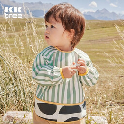 KocotreeKK树宝宝吃饭围兜婴儿辅食罩衣防水饭兜幼儿园反穿衣一体式防脏污 萨利青 S 身高65-80cm，大约0-1岁
