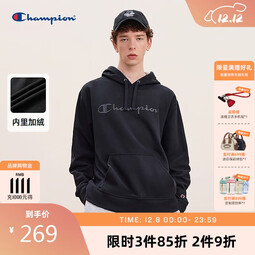 Champion冠军情侣加绒卫衣男新款胶印美式复古连帽上衣潮 黑色 XL 