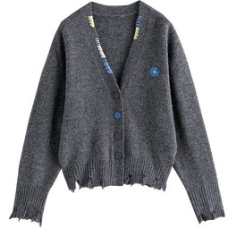 初语开衫外套女2025冬季新款V领撞色绿绒蒿复古不规则毛边针织衫 花灰色 S