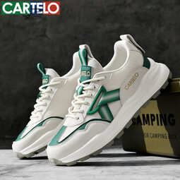 卡帝乐鳄鱼男鞋夏季新款网面潮流百搭防滑透气厚底男士运动休闲鞋鞋子男 米绿 39