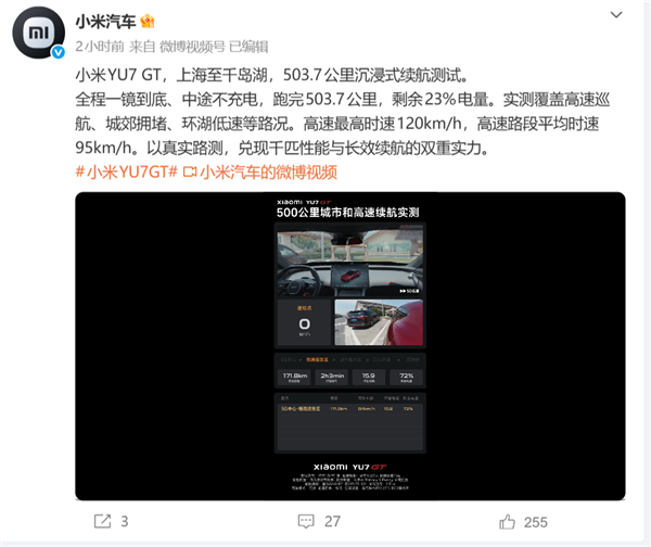 全程不充电!小米YU7 GT续航首测:跑完503.7公里还有23%的电量