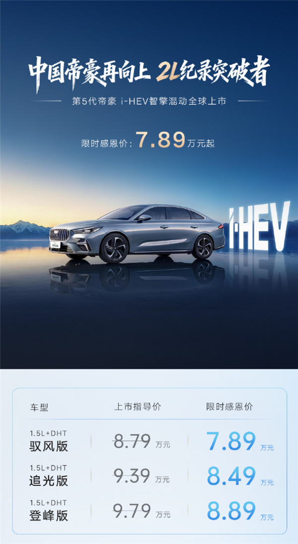 2L级最低油耗吉尼斯纪录!吉利帝豪i-HEV智擎混动上市:限时7.89万起