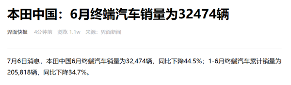 思域、飞度、雅阁等神车都卖不动！本田中国6月销量32474辆 大跌44.5%